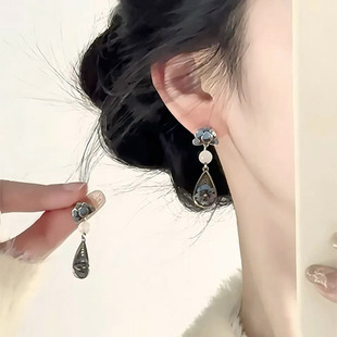 S925纯银中国风蓝牡丹水滴流苏耳环高级感轻奢复古民族风雕花耳钉