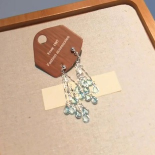 高级感轻奢小众独特耳饰 爆款 清冷感长款 蓝色水滴流苏耳环2025新款