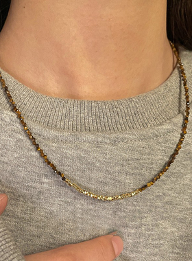 S925银金色碎银子虎眼石项链女款