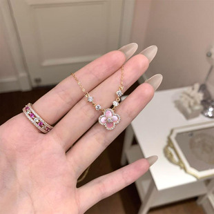 S925银粉色贝母四叶草闪钻项链女款 精致锁骨链高级感轻奢 2025新款