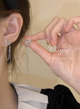 s925银蝴蝶结流苏耳环2025新款爆款高级感小众气质耳钉清冷感耳坠