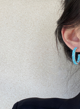 S925银爆闪冰萃蓝圆圈耳环2025新款高级感独特绝美耳圈小众耳钉女