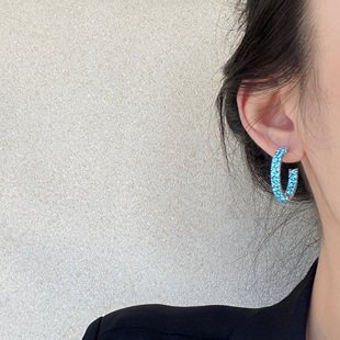 S925银爆闪冰萃蓝圆圈耳环2025新款 高级感独特绝美耳圈小众耳钉女