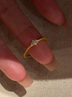 中古金色拉丝mini闪钻雪花戒指女