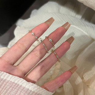 中古风极细仿满钻四叶花戒指女轻奢高级感食指戒小众设计叠戴指环