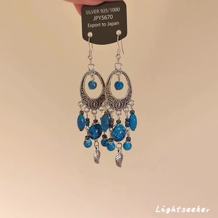 波西米亚孔雀蓝流苏耳环2025新款 高级感轻奢小众独特气质耳钉 爆款