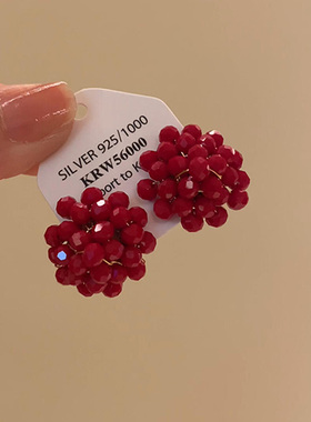 新年红色树莓仿水晶耳钉2025新款爆款高级感耳夹复古气质秋冬耳饰