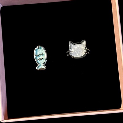 蓝色小鱼猫咪耳钉2025新款高级感
