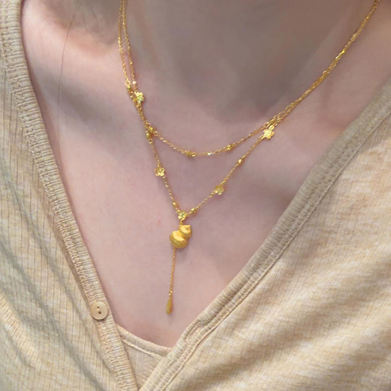 新中式金色花朵葫芦水滴流苏项链