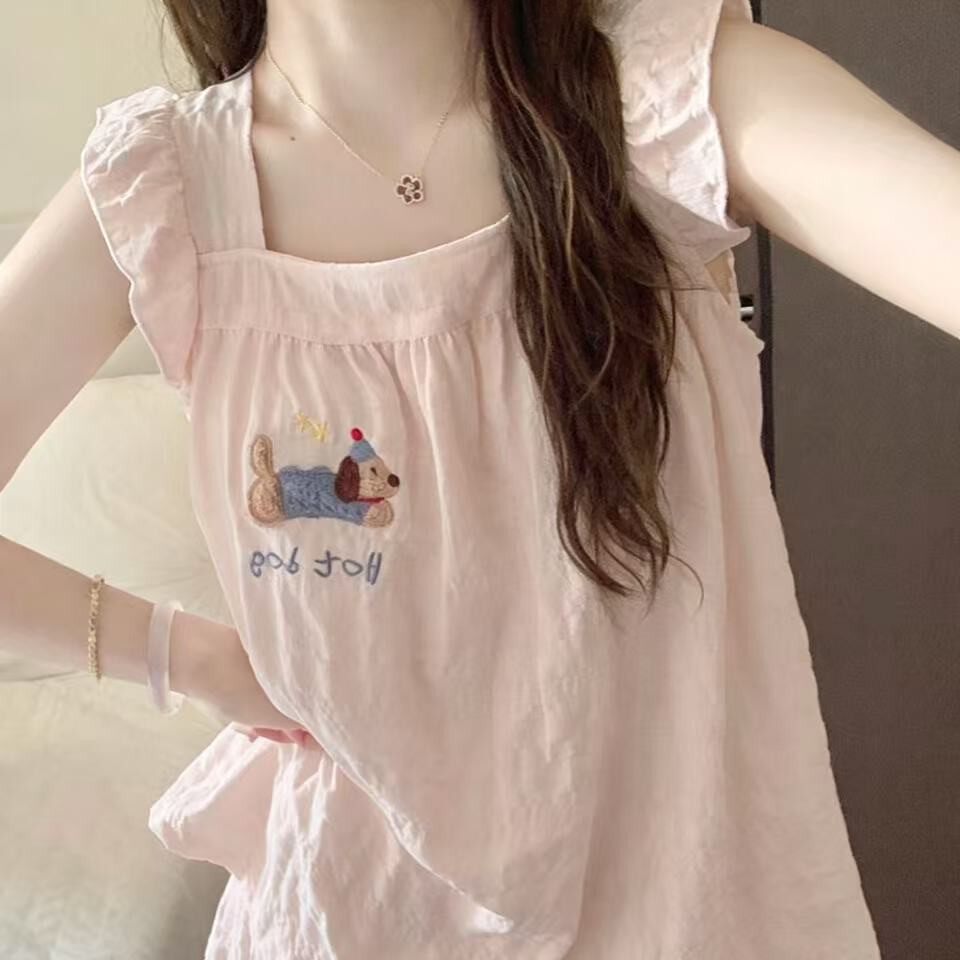 外贸直播睡衣女夏季甜美卡通云朵棉吊带套装公主风学生家居服夏天