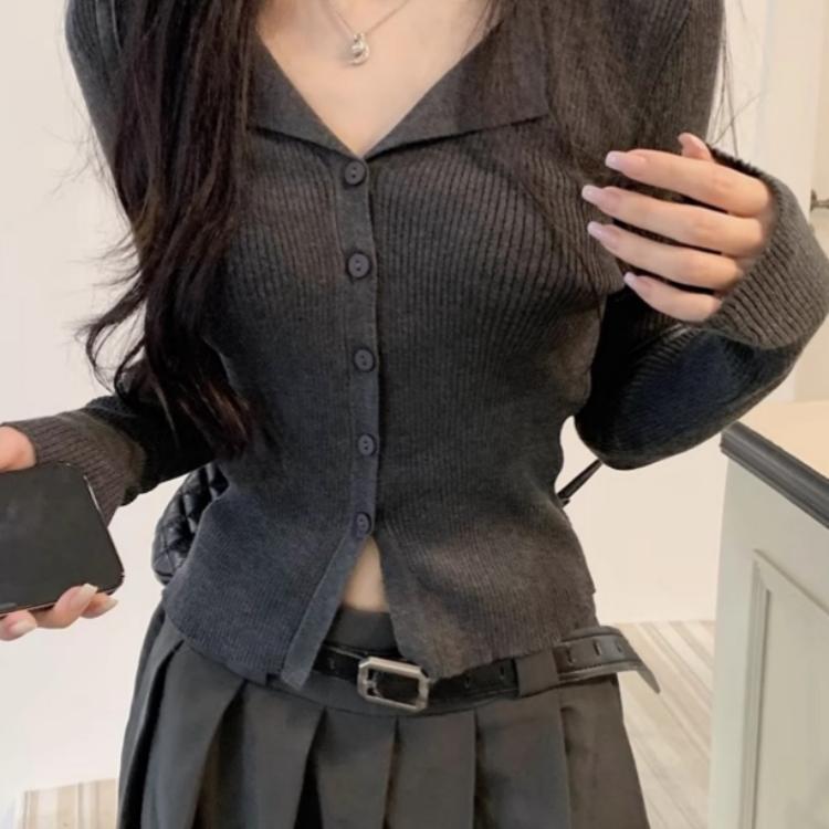 韩系复古polo内搭灰色针织衫女秋冬季新款设计感毛衣别致开衫上衣