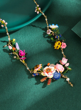 跨境外贸饰品珐琅彩釉雏菊花朵麦穗蓝宝石项链法式高级流苏锁骨链
