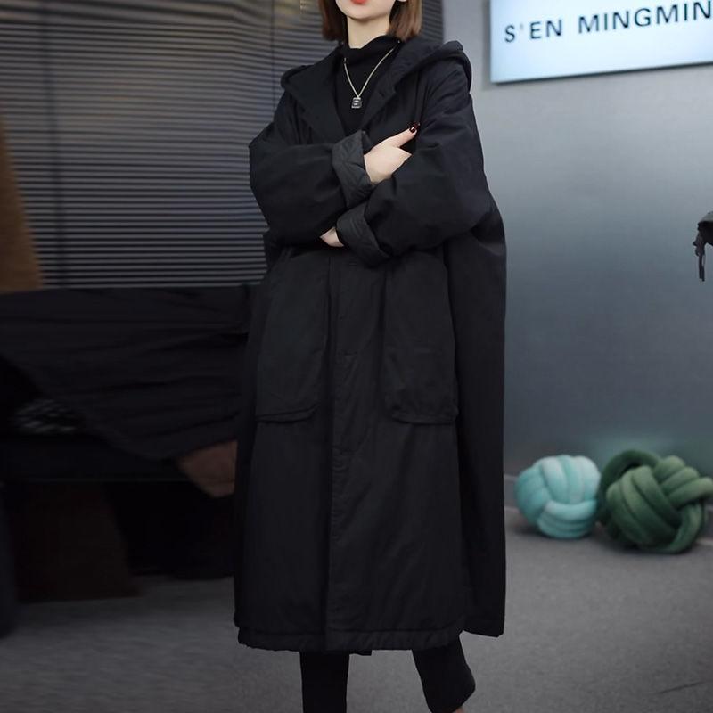 欧货黑色连帽长款棉服女冬季加厚保暖棉衣大码宽松遮肚显瘦棉袄子