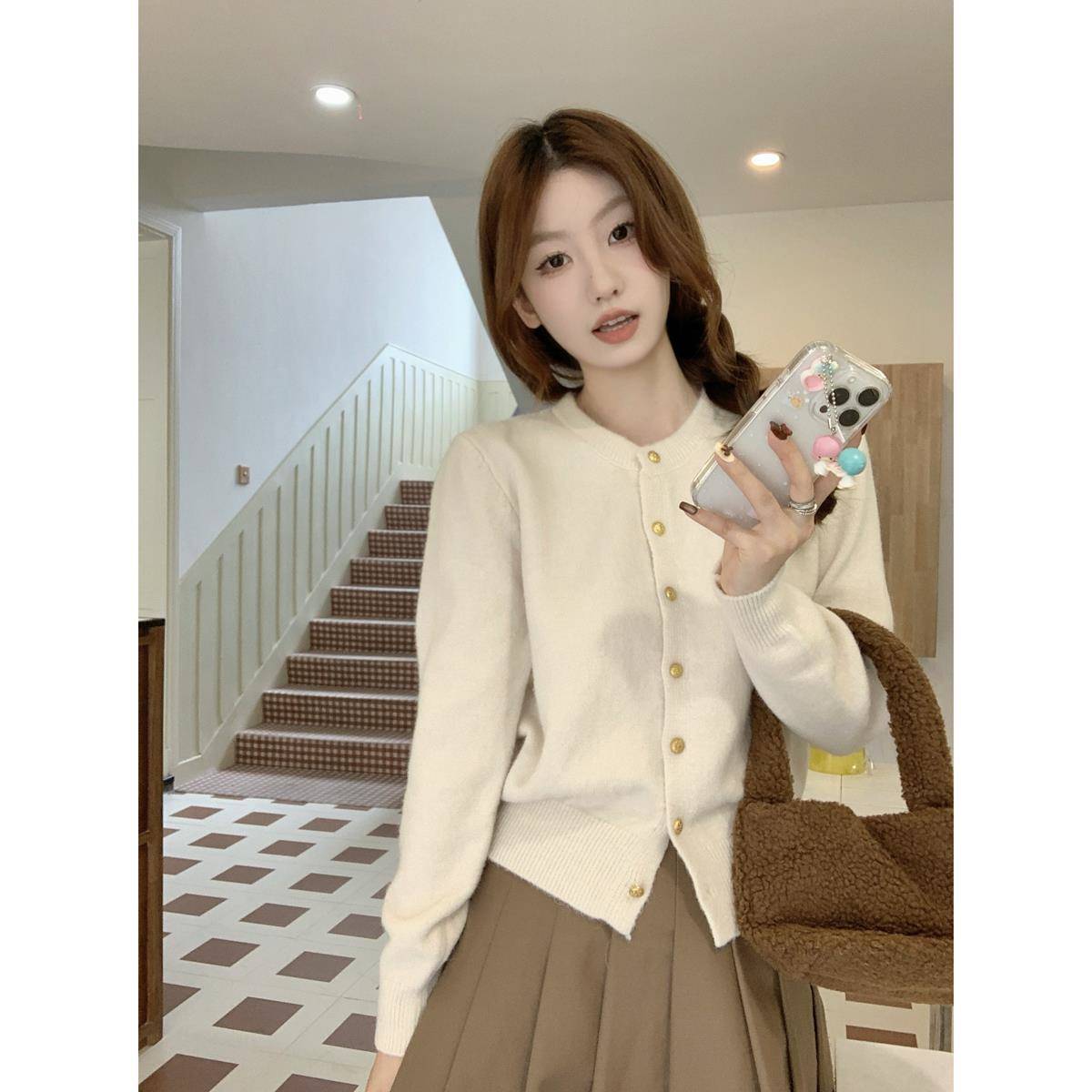 春季2025新款韩版圆领甜美钮扣开 衫外套针织打底衫长袖上衣女毛