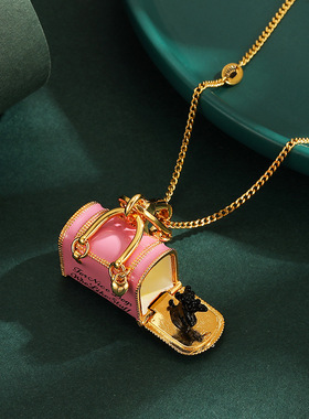 外贸立体珐琅彩釉字母印花粉色小狗宠物包吊坠可打开手提包项链潮