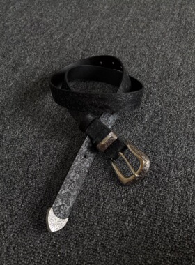 Jussing中古Vintage黑蝴蝶压印甩尾腰带小众日常简约百搭通勤皮带