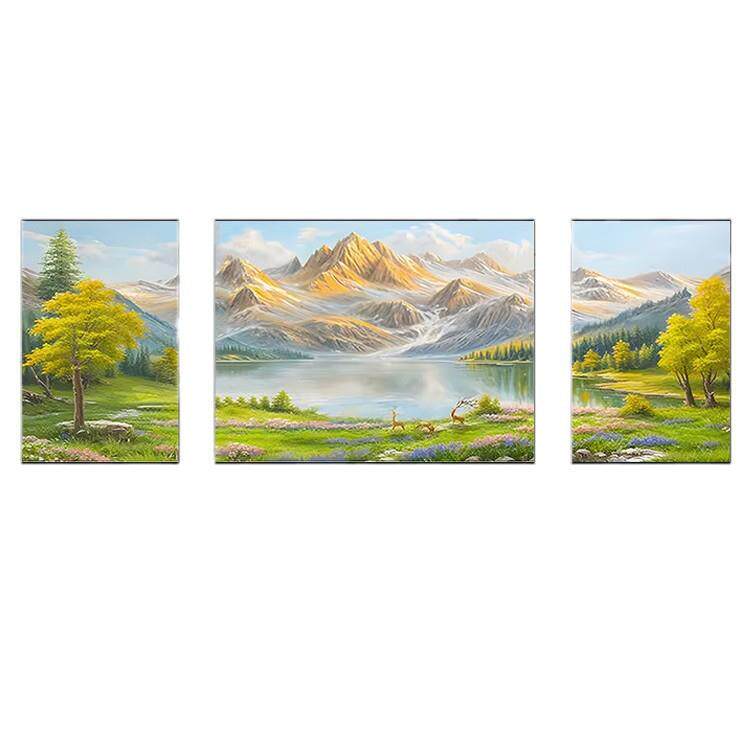 日照金山客厅沙发背景墙三联画装饰画2024新款聚盆山水风景油画
