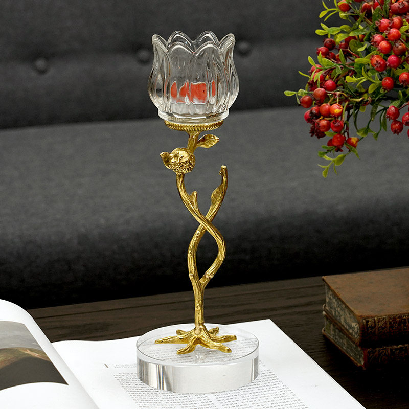 费灵家居水晶玻璃花朵黄铜艺术烛台 家居客厅书房玄关装饰品摆件
