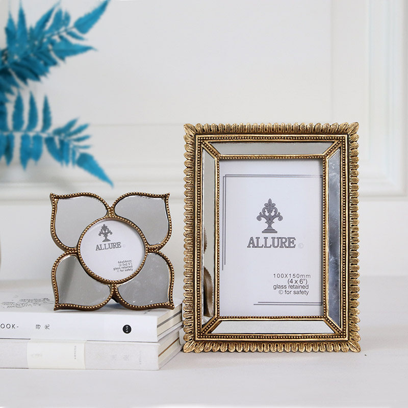 欧式美式复古怀旧金色镜面相框 法式古典小奢华照片摆台创意摆件