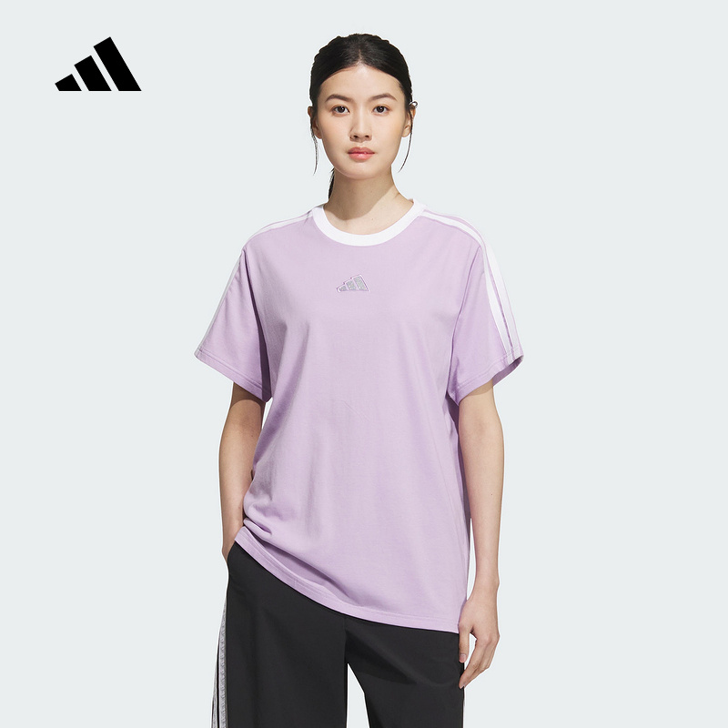 adidas阿迪达斯粉紫色三条纹半截袖2025秋季女宽松短袖T恤 KB7760