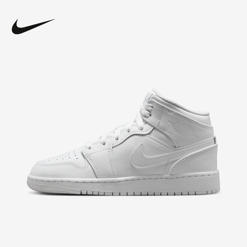 耐克童Air Jordan 1 Mid GS AJ1中帮纯白色复古篮球鞋554725-136