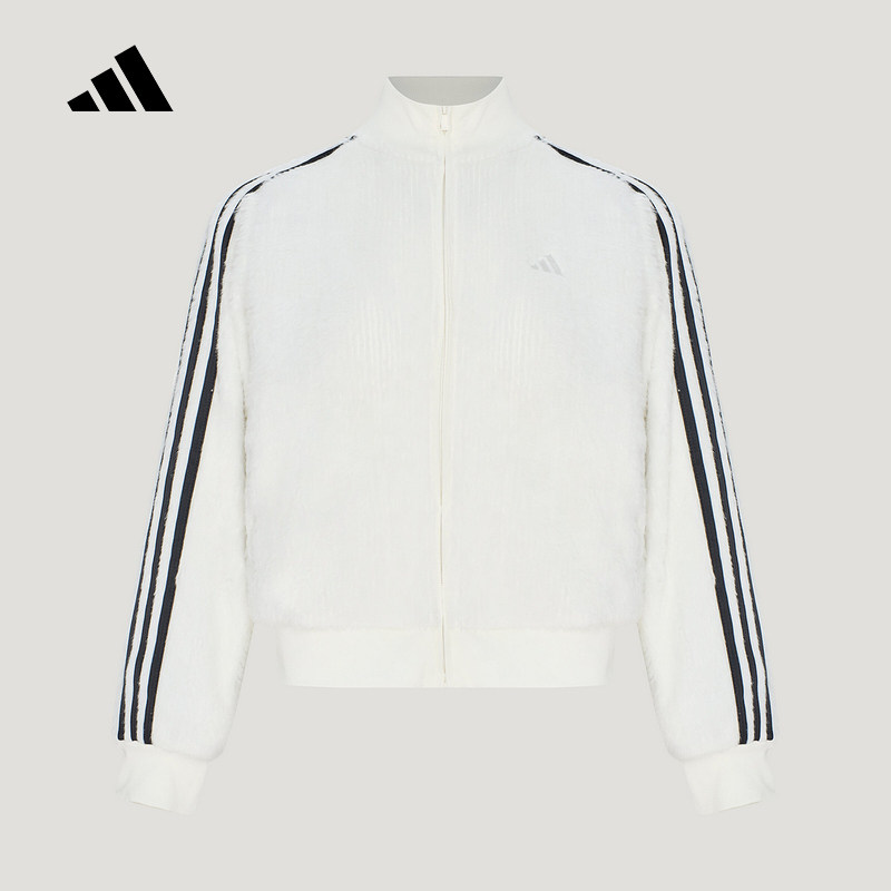 adidas阿迪达斯外套女26秋冬新款针织毛绒条纹休闲夹克外套LD8787