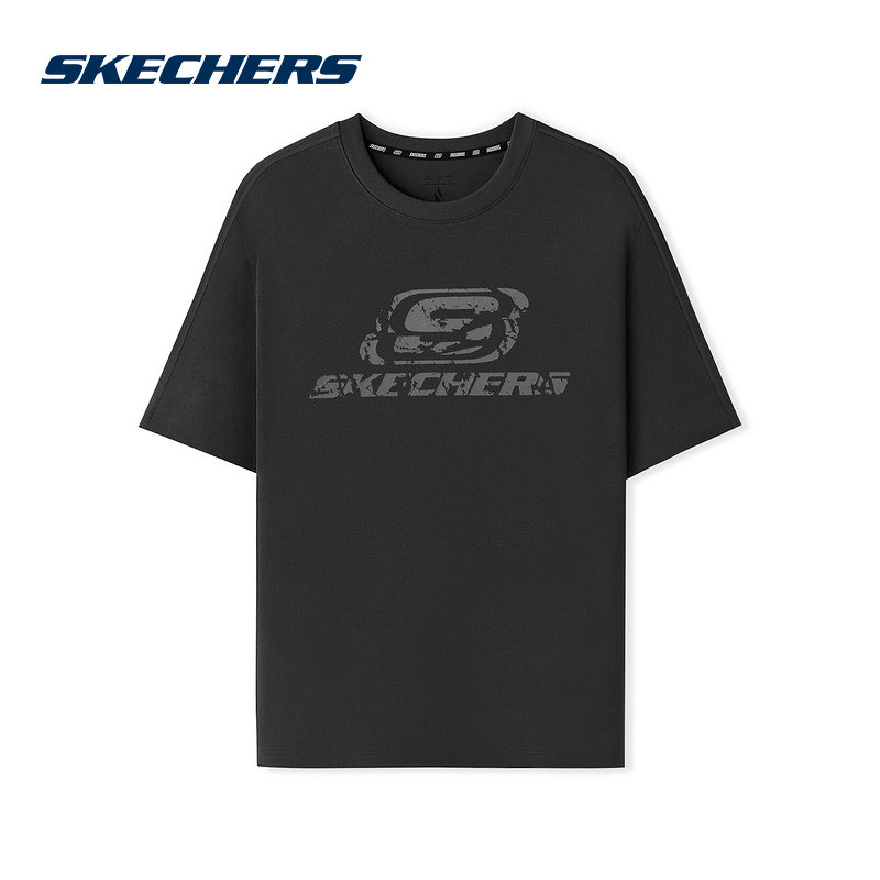 SKECHERS斯凯奇夏季男女同款休闲运动黑色短袖T恤衫L225U058-0018