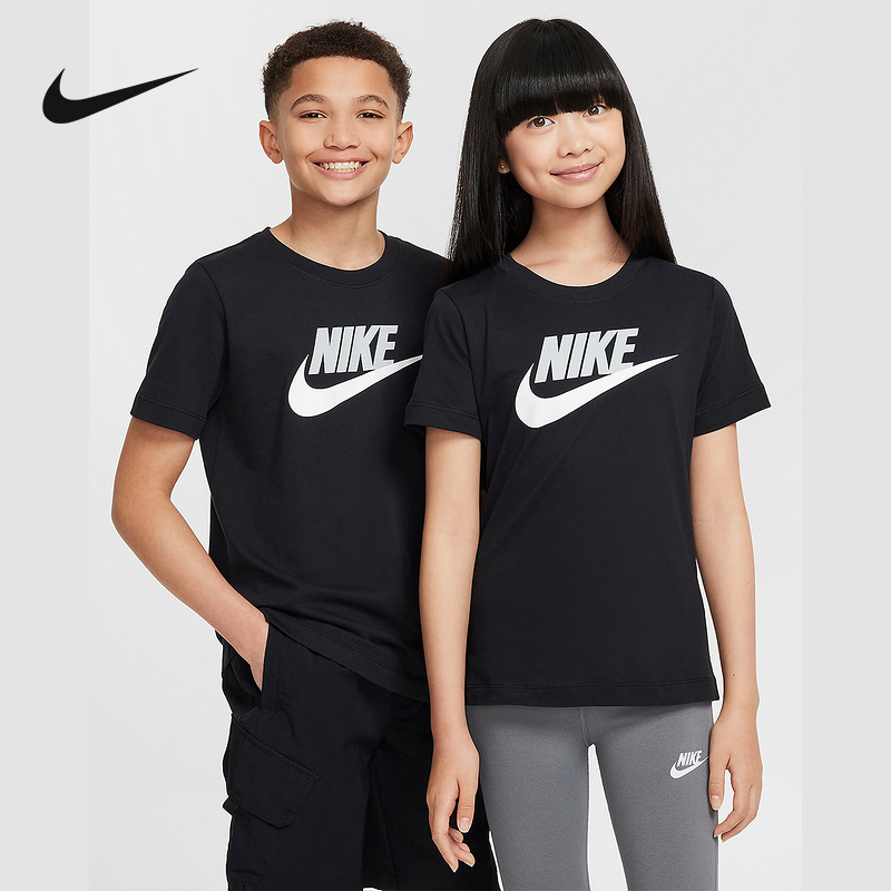 Nike耐克男女童短袖夏新款LOGO针织衫休闲棉质运动T恤FZ5178-010