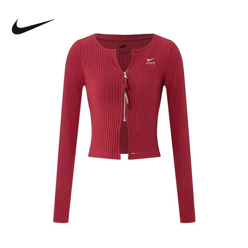 nike耐克女子修身薄绒开衫马年新年款红色长袖T恤外套IQ3828-613