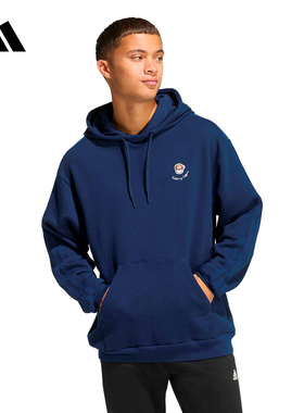 adidas阿迪达斯深蓝色简约连帽套头衫2026春男卡通印花卫衣JZ5065