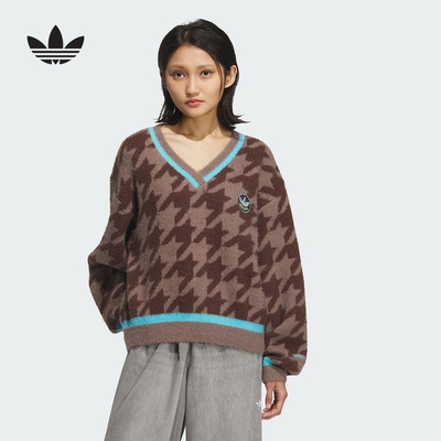 adidas阿迪达斯冬季新款三叶草千鸟格毛绒运动V领女针织衫 KC2688