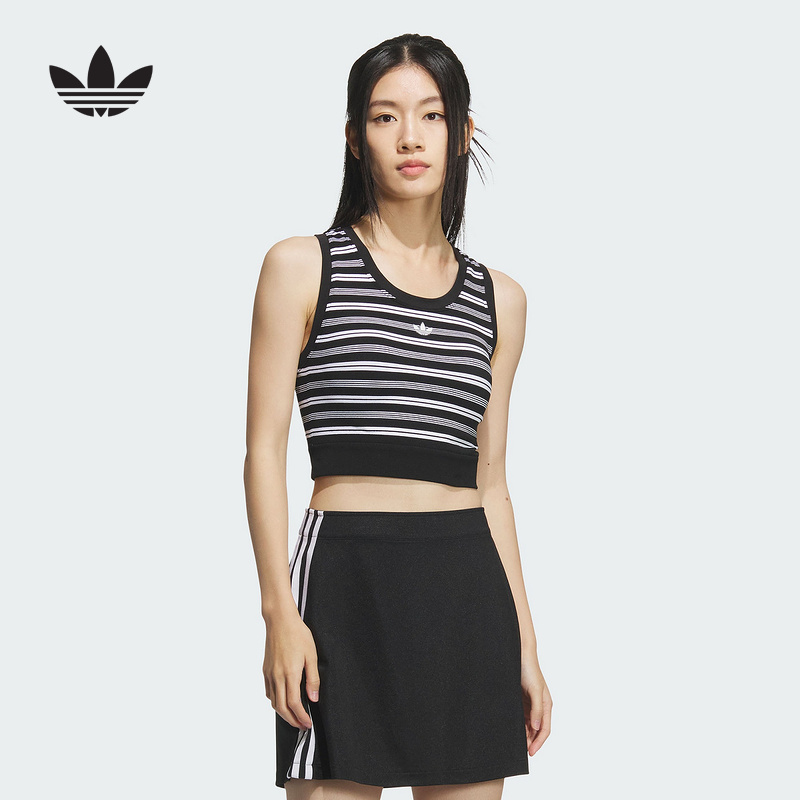 adidas阿迪达斯加衬条纹修身背心2025夏女三叶草高腰内衣 KE3721