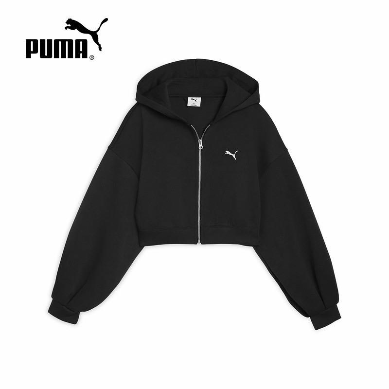 PUMA彪马外套女秋季新款休闲运动短款针织连帽拉链夹克635073-01