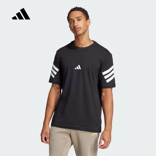 adidas阿迪达斯三条纹棉质居家休闲半截袖黑色夏男短袖T恤 JD4877