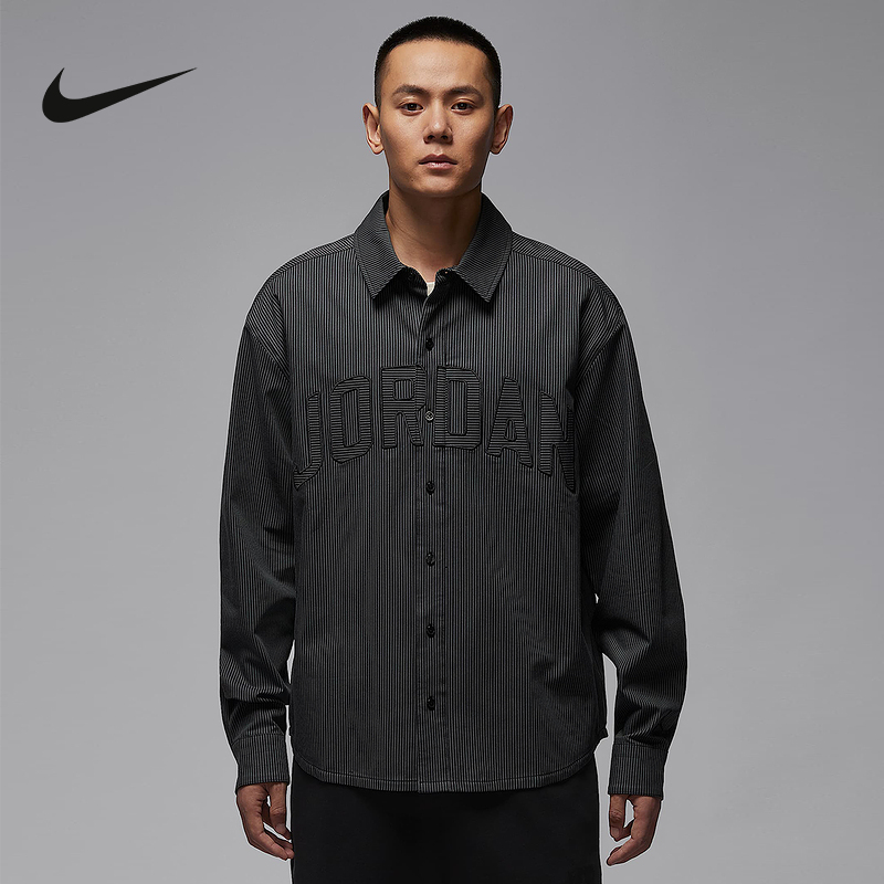 Jordan耐克男子长袖翻领衬衫秋季宽松休闲竖条纹外套IB0318-011