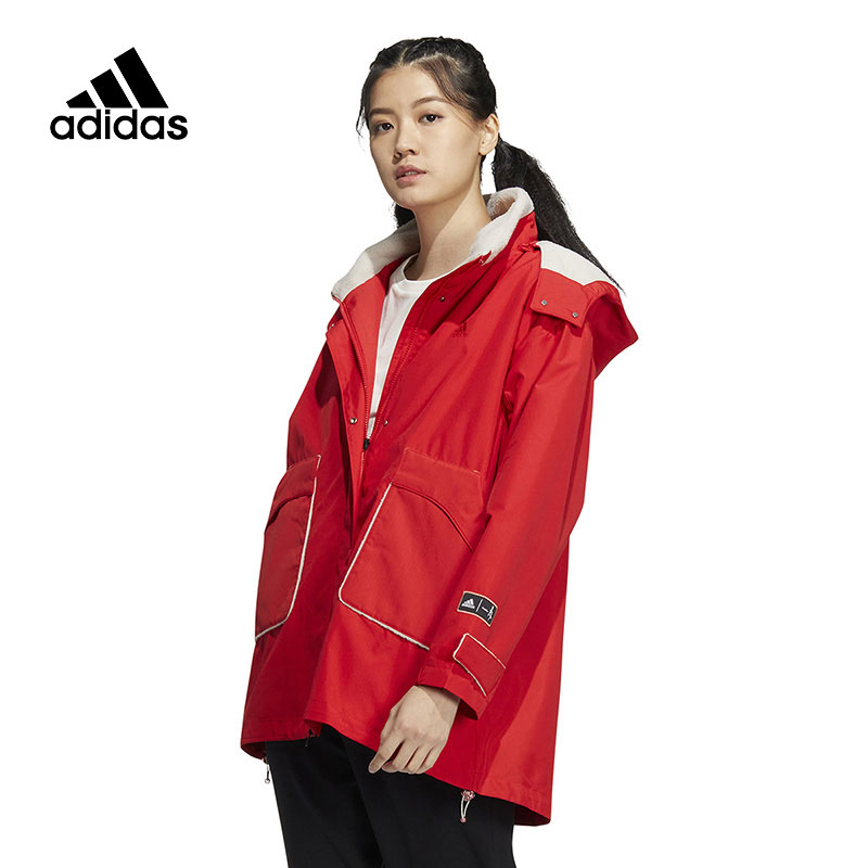 adidas阿迪达斯保暖外套女秋冬红色工装风运动连帽夹克HZ2995