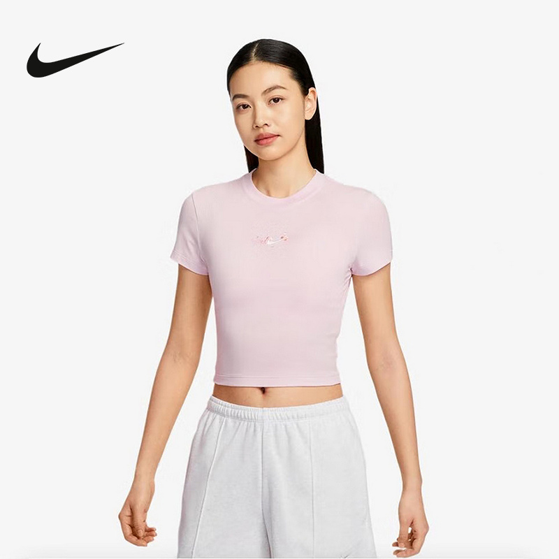 NIKE耐克短袖女2025夏季刺绣短款修身圆领粉色运动T恤IF2007-655