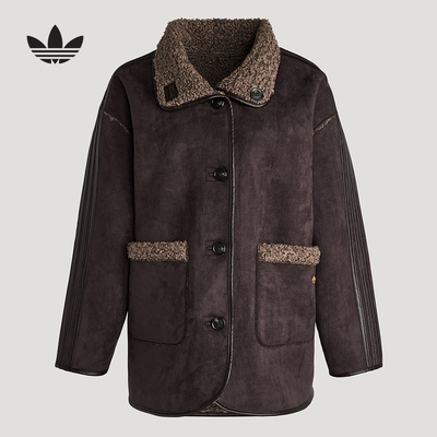 阿迪达斯三叶草新年款外套26新款女双面穿仿羊羔绒运动夹克KT3146