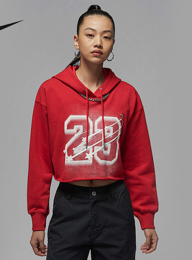 Jordan耐克红色卫衣女春季运动休闲宽松短款连帽套头衫HJ0146-636