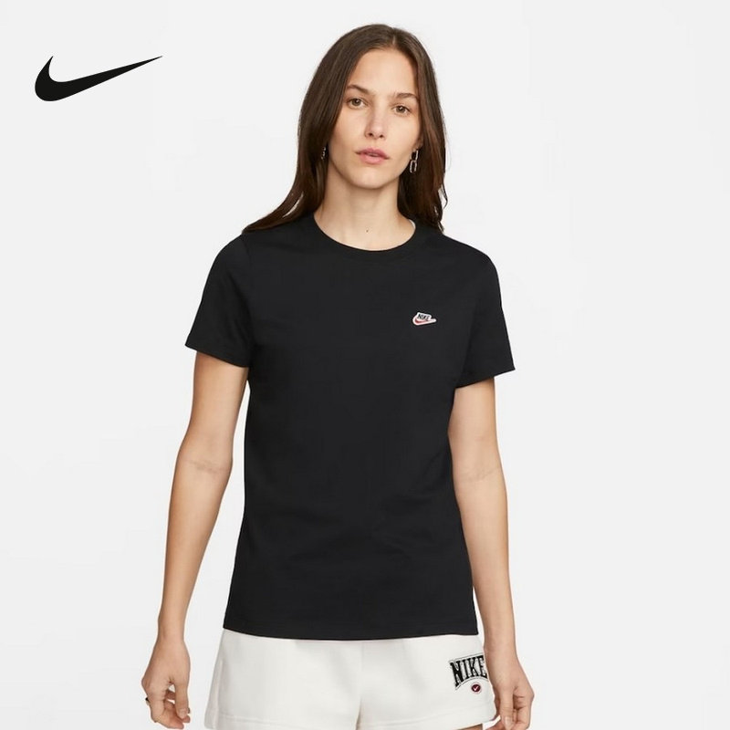 NIKE耐克短袖女夏新款透气圆领运动休闲刺绣黑色棉T恤DZ468