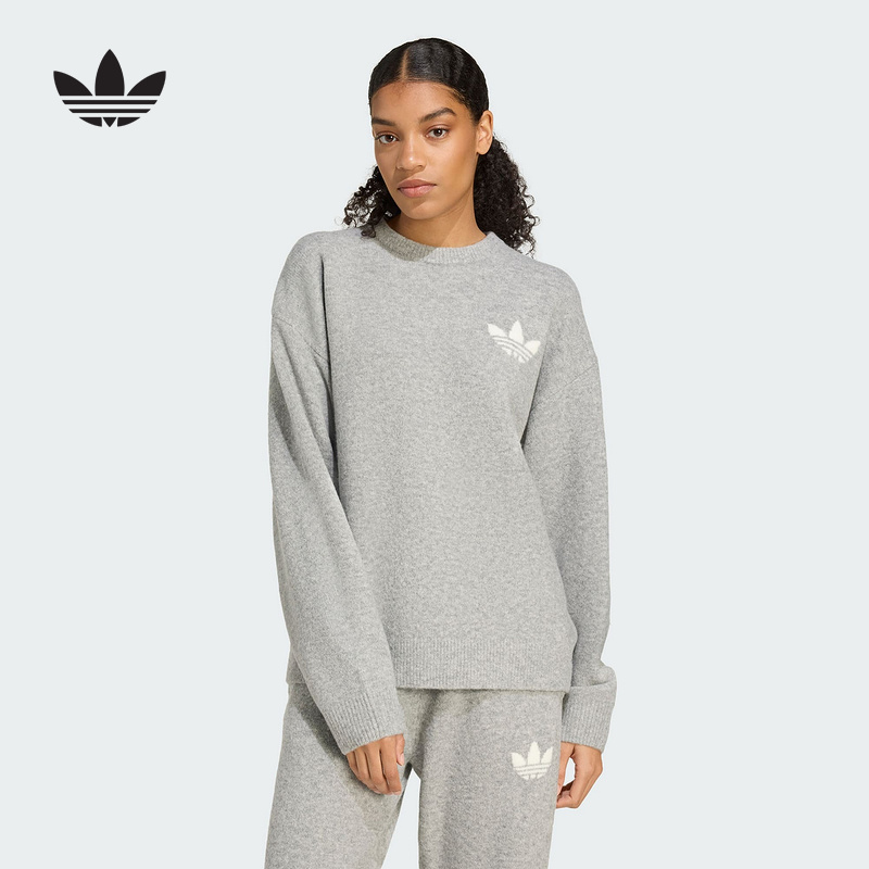 adidas阿迪达斯三叶草毛衣冬季新款女刺绣圆领套头针织衫 KF2341