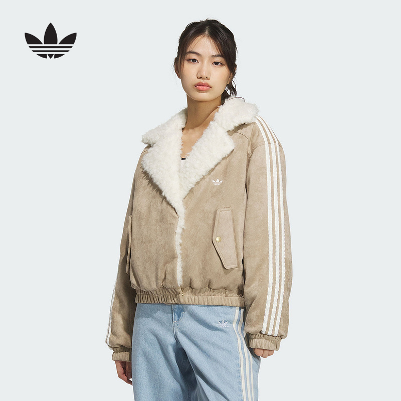 阿迪达斯2025春女短棉服蛇年新年款复古保暖毛翻领运动棉袄JL8