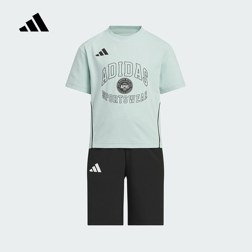 adidas阿迪达斯男小童短袖两件套装2025夏日运动透气上下装KC1538
