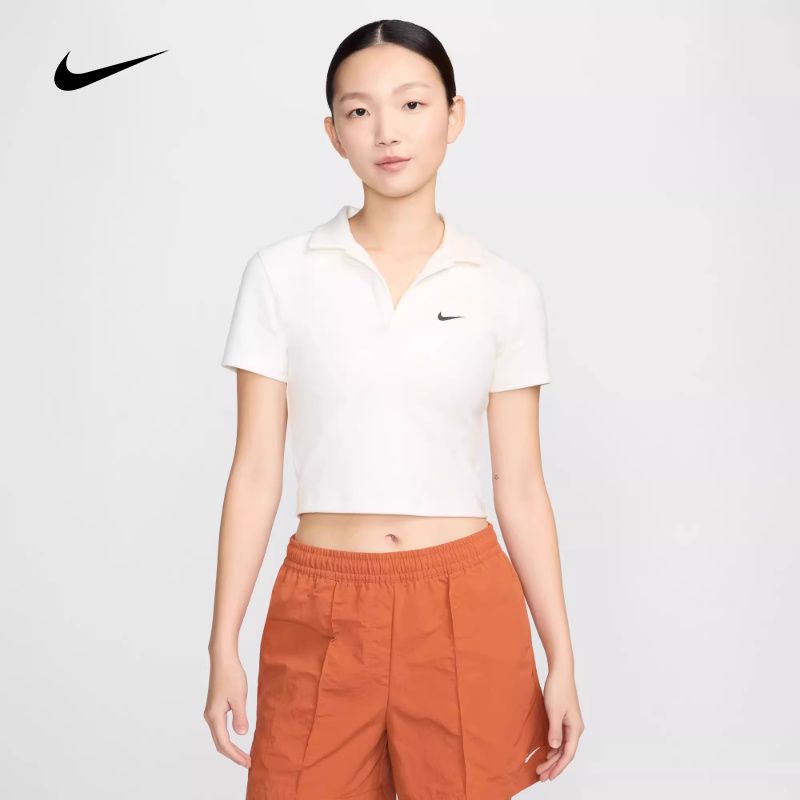 Nike耐克短袖深V针织衫运动短款修身透气T恤POLO衫女DV7885-