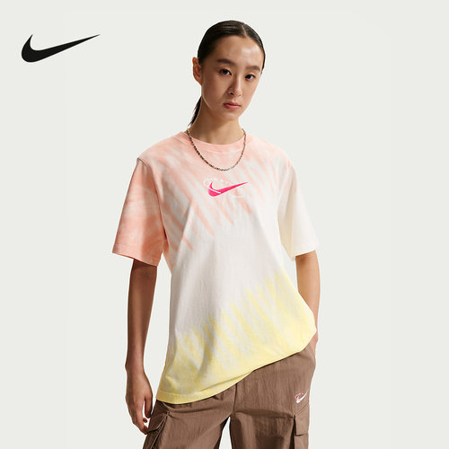 NIKE耐克夏新款女子短袖棉质透气休闲扎染撞色圆领T恤 IR7557-378