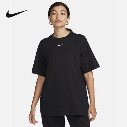 NIKE耐克休闲厚实短袖女上衣运动宽松简约黑色棉T恤FD4150-010