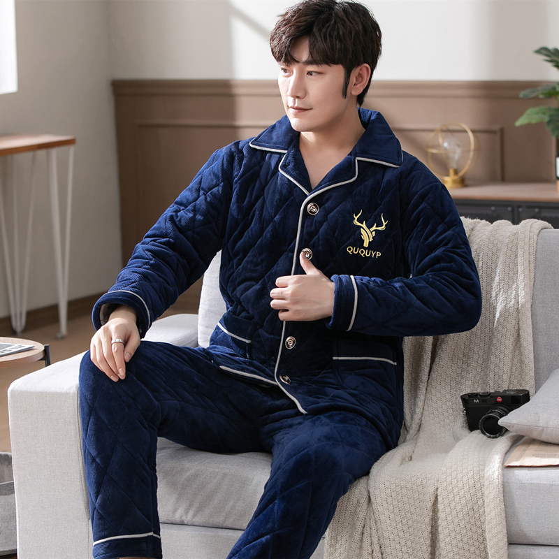 冬季珊瑚绒男士睡衣三层夹棉加厚