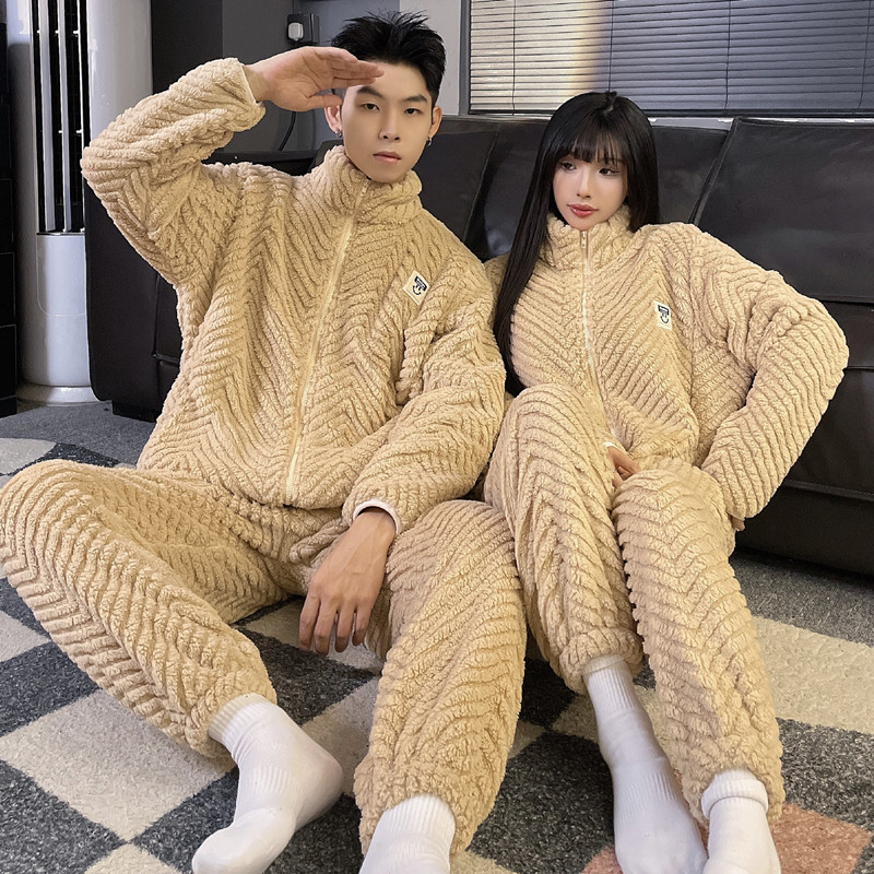 珊瑚绒冬季情侣睡衣女士加厚加绒保暖法兰绒秋冬款男士家居服套装
