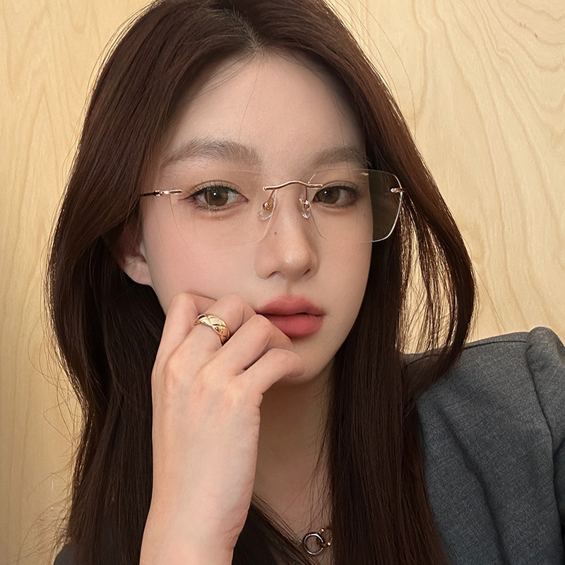 超轻钛架清冷无框眼镜近视女款度数可配高级感无边框素颜眼睛镜架