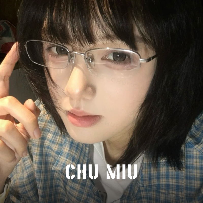 超轻钛架椭圆银丝半框眼镜近视女可配度数清冷感适合小脸眼睛镜架